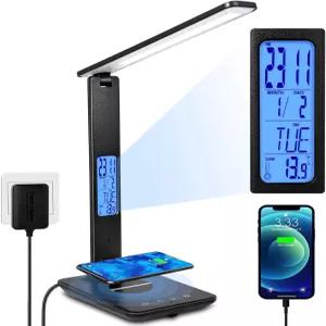 무선 충전기가 장착된 XIZDDL LED 탁상용 램프 가정용 사무실용 디밍 가능 USB 충전 포트 내장 시계 캘린더