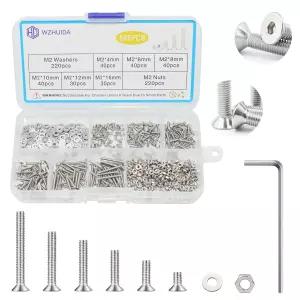 WZHUIDA 660개 M2 나사 모음 키트 M2x4mm/6mm/8mm/10mm/12mm/16mm 메트릭 헥스 플랫 헤드 카운터펑크 너트