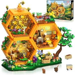 인순 농장 꿀벌 집 건물 조명 세트 꽃 식물 동물이 있는 1704PCS 꿀 캐빈 블록 키트 트리하우스 건설 모델