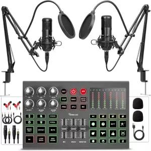 헤이너-시크 팟캐스트 장비 번들 2인용 마이크 포함 올메탈 오디오 인터페이스 DJ 믹서 음성 변경 스트리밍