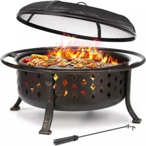 SINGLYFIRE 36인치 야외용 화덕 대형 장작 연소용 크로스위브 파티오/뒷마당/정원용 헤비 듀티 강철 브론즈