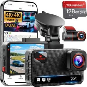 TERUNSOUL 4K+4K 대시캠 전면 및 후면 128GB 카드 무료 포함 차량용 5.8GHz WiFi 카메라 내장 GPS G-센서