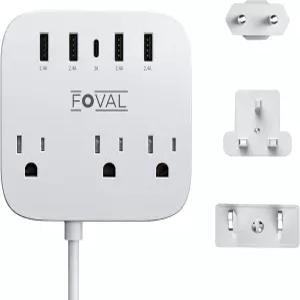 유럽 여행용 플러그 어댑터 USB C 및 4개의 포트가 있는 FOVAL EU 영국 미국 파워 스트립 3개의 AC 콘센트