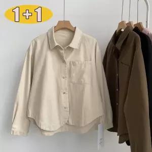 1+1 여성 루즈핏 포켓 크롭 셔츠 봄 가을 무지 긴팔 와이셔츠 남방 가디건