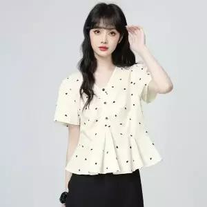 여성 반팔 블라우스 V넥 셔링 플레어 봄여름 데일리 BTX70