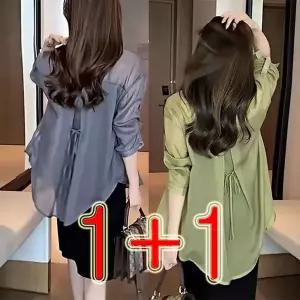 1+1 긴팔셔츠 뒤트임 블라우스 빅사이즈 캐주얼 루즈핏 여성셔츠  쉬폰 아우터 여름 남방 가디건 자외선 차