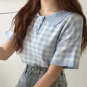 여성 목카라 귀여운 단추 반크롭 기장 여름 니트티여리한 봄니트 배색 라인 데일리 스러운 레이어드