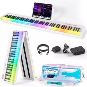 AiJoy 88건반 접이식 피아노 키보드 컬러 조명 포함 풀 사이즈 반무게 휴대용 USB-MIDI 스피커 서스테인