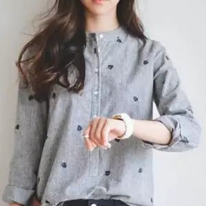 루즈핏 긴 팔 셔츠 베이직 여성 차이나카라 셔츠 데일리 나뭇잎