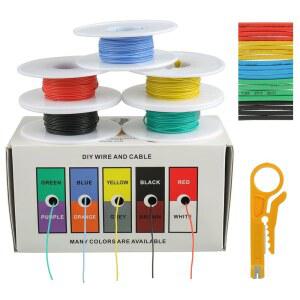BOJACK 30 AWG 유연 실리콘 와이어 전기 연결 키트 300V 케이블 플러스 20 2MM 열수축 튜브 및 미니 스트리퍼 포함(5가지 색상 각 색상당 32.81피트 30AWG)