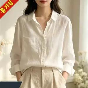 80kg까지 빅사이즈 여성 린넨 얇은 무지 긴팔 셔츠 블라우스 여름 루즈핏 미니멀 세련된 베이직 자외선 차
