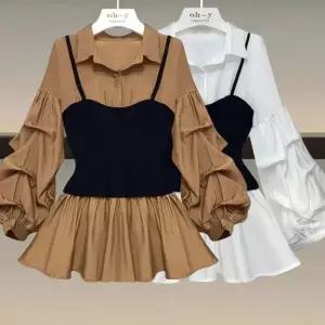 100kg까지 빅사이즈 1+1 여성 프릴 퍼프 페이크 레이어드 셔츠 봄 가을 편한 카라 날씬해보이는 흰색 예쁜