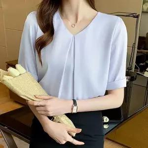 여성 여름 직장인 셔츠 루즈핏 브이넥 반팔 블라우스