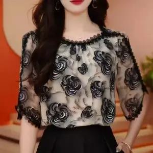 여성 플라워 패턴 레이스 포인트 쉬폰 라운드넥 7부소매 우아한 데일리 블라우스 E01011622