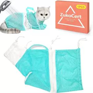 ZukoCert 고양이 메쉬 목욕 가방 스크래치 방지 및 손톱 다듬기용 조절 가능한 보호대 통기성 그물 그루밍