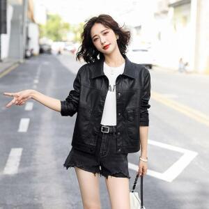빛채운 여성 헤닝 가죽 재킷 쇼트 봄가을 캐주얼 터틀넥 양가죽