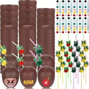 Yungyan 24개 코코넛 컵 24개와 빨대 미니 아크릴 페인트 12개 내추럴 볼 하와이안 루아우 비치 파티 음료