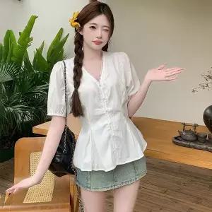 여름 여자 브이넥 레이스 셔링 반팔 셔츠