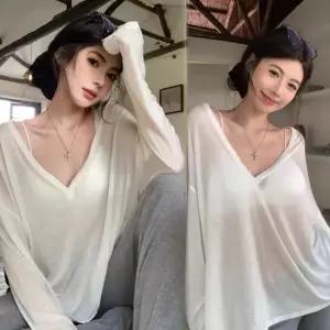 여자 커버업 시스루 긴팔 티셔츠 루즈핏 브이넥 자외선 차단 블라우스