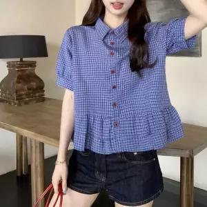 여성 여름 블루 체크 퍼프 블라우스 프릴 데일리 캐주얼 숏 셔츠