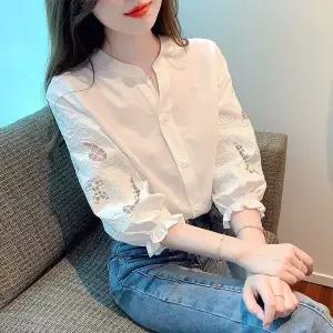 여성 카라없는면남방 자수 퍼프 소매 7부 셔츠 ACS47