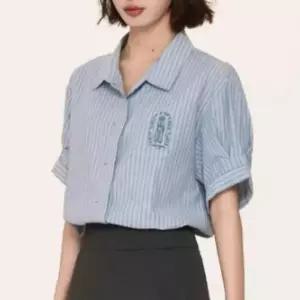 여자 스트라이프 반팔셔츠 여름  루즈핏 캐주얼 폴로 셔츠