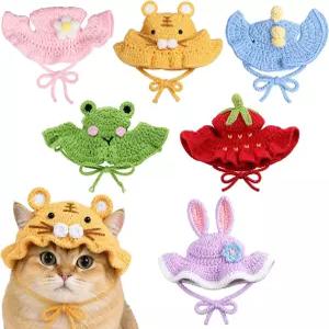 고양이용 6피스 세트 뜨개질 모자 소형 강아지 생일 사진 소품 위한 귀여운 코바늘 애완동물 휴일 파티