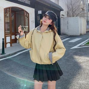 모두팜 여성 체크 후드 가죽 코트 봄가을 쇼트 재킷 MOC
