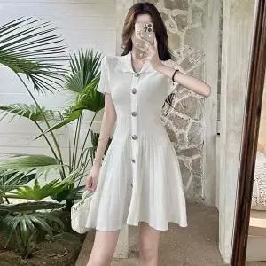 [옷자락]여성용 포멀 니트 미니 원피스 단추카라 플레어