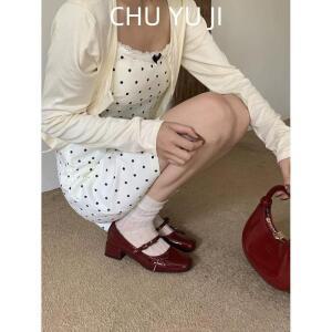 짜점3 여성 첫 만남 슈즈 가을 레드 웨딩화 리본 일자 스트랩 단화