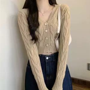 여성 꽈배기 니트 브이넥 크롭 짧은 긴팔 가디건 숏니트