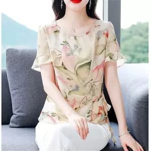 여성 반팔 블라우스 플라워 프릴 리본 벨트 데일리 봄여름 BTX76