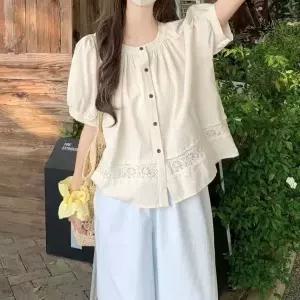여성 레이스 블라우스 퍼프소매 러블리 여름 반팔
