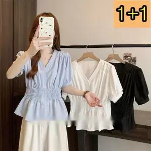 1+1 / 2장 세트 반팔 브이넥 셔츠 허리 슬림 솔리드 여성여름셔츠 여자블라우스