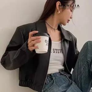 [마리지아][MARIJIA] 세미 크롭 페이크 레더 자켓_MJKA32043
