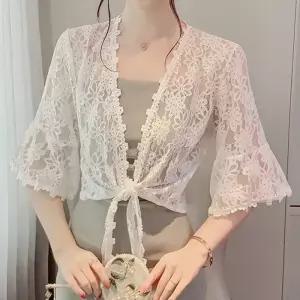 [T쇼페] 스타일아유 레이스 펀칭 반팔 시원한 볼레로 리본 가디건 여름 얇은 크롭 여성 블라우스 BL1441