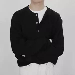 포단추 트렌디한 포단추티셔츠 넉넉한핏 긴팔티 캐주얼 골지패턴