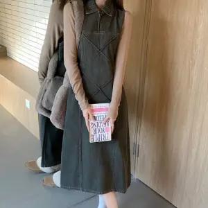 레이어드 워싱 원피스 카라 데님 민소매 롱 여자