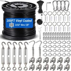 300FT 1/8인치 검은색 와이어 로프 키트 비닐 코팅 304 스테인리스 스틸 케이블 7x7 가닥 920LBS 파손 강도