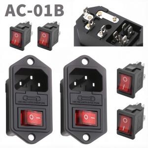 5개 AC-01B IEC320 C13 전기 AC 소켓 3핀 빨간색 LED 250V 4핀 로커 스위치 10A 퓨즈 암수 입력 마운트