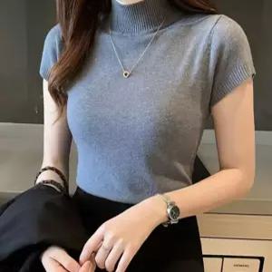 카페데이트 여성 하프넥 반팔 니트 슬림 반목 폴라티 데일리 출근룩 재킷이너 간절기 코디