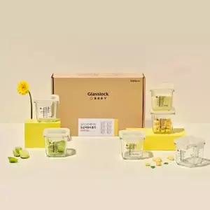 글라스락 베이비 눈금 이유식용기 큰용량 270ml 사면결착캡 6조 선물세트 (노랑)
