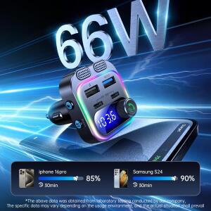 66W 빠른 차량용 충전기 블루투스 5.4 FM 송신기 무선 라디오 핸즈프리 통화 듀얼 마이크 딥 베이스 PD