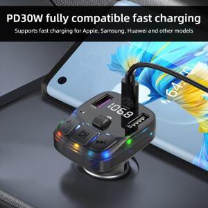 차량용 FM 송신기 30W PD C타입 듀얼 USB  충전 주변광 블루투스 5.3 핸즈프리 MP3 플레이어 변조기