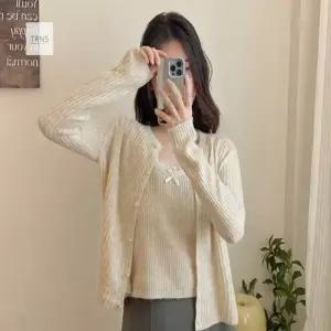 TRNS 데일리 골지 리본 레이스 니트 가디건 세트