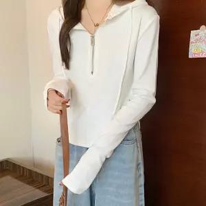 여자 투웨이 넥 캐주얼 긴팔 데일리 반집업 후드티 라운드 오버핏 루즈 트레이닝복 후드 데일리룩 셔츠 편