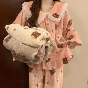프릴 곰돌이 수면 잠옷 홈웨어 겨울 파자마 내의 바지 극세사 내복 웨어 여성 기모 세트 여자 긴팔