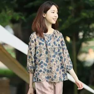 여성 여름 린넨 감색 꽃무늬 넥셔링 7부 티셔츠 반팔 블라우스넨블라우스 긴팔 넨셔츠 루즈핏 오버 넨블라
