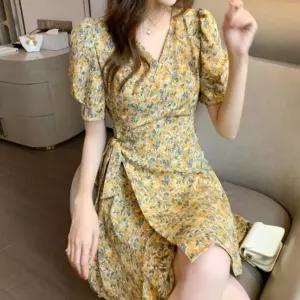 여성 노란색 꽃무늬 랩원피스 프릴 브이넥 봄 여름