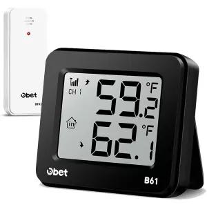 OBET 실내외 온도계 무선 실외 블랙 디지털 게이지 500피트 원격 온도 모니터 배터리 구동 가정 파티오